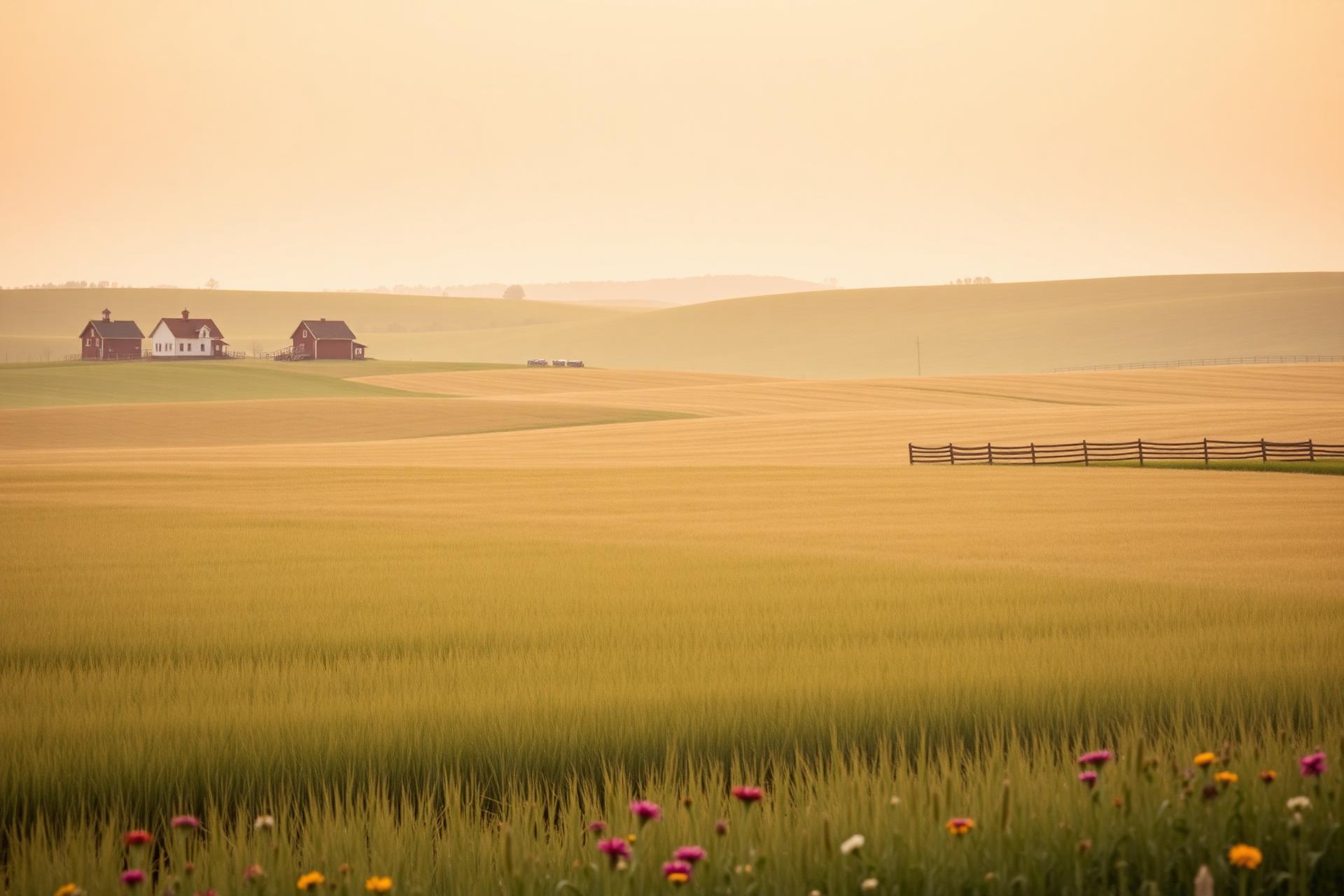 Rolling Amish farmland at golden hour with a distant farmhouse